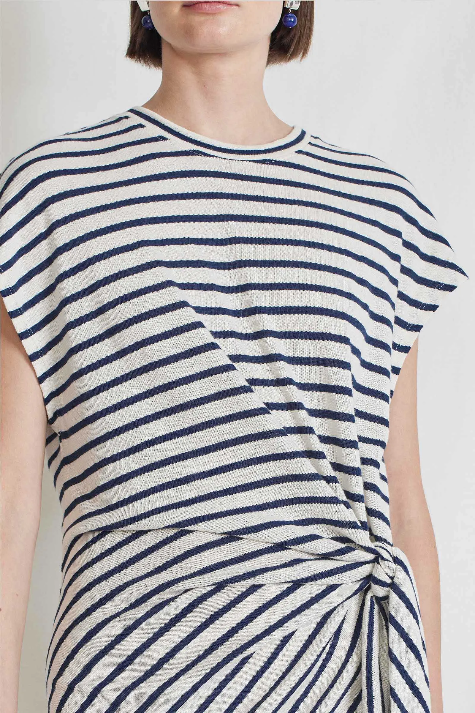 Apiece Apart Vanina Cinched Waist Dress in Navy Cream Stripe