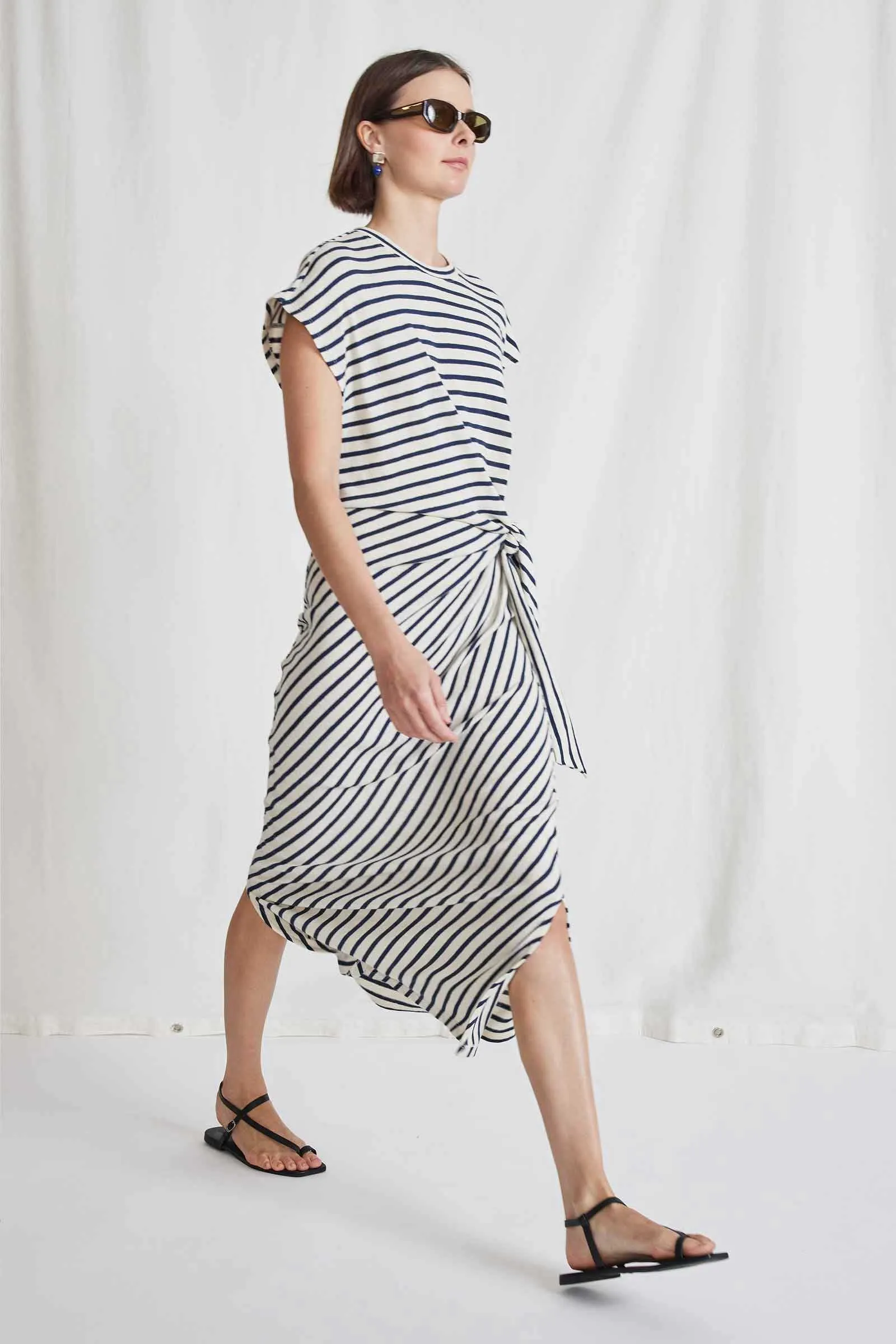 Apiece Apart Vanina Cinched Waist Dress in Navy Cream Stripe