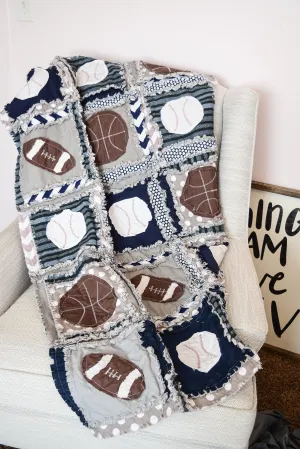 Baby Rag Quilt, Sports Blanket for Boy Crib Bedding Set - Sports Theme Rag Quilt with Baseball, Football, & Basketball for Boys