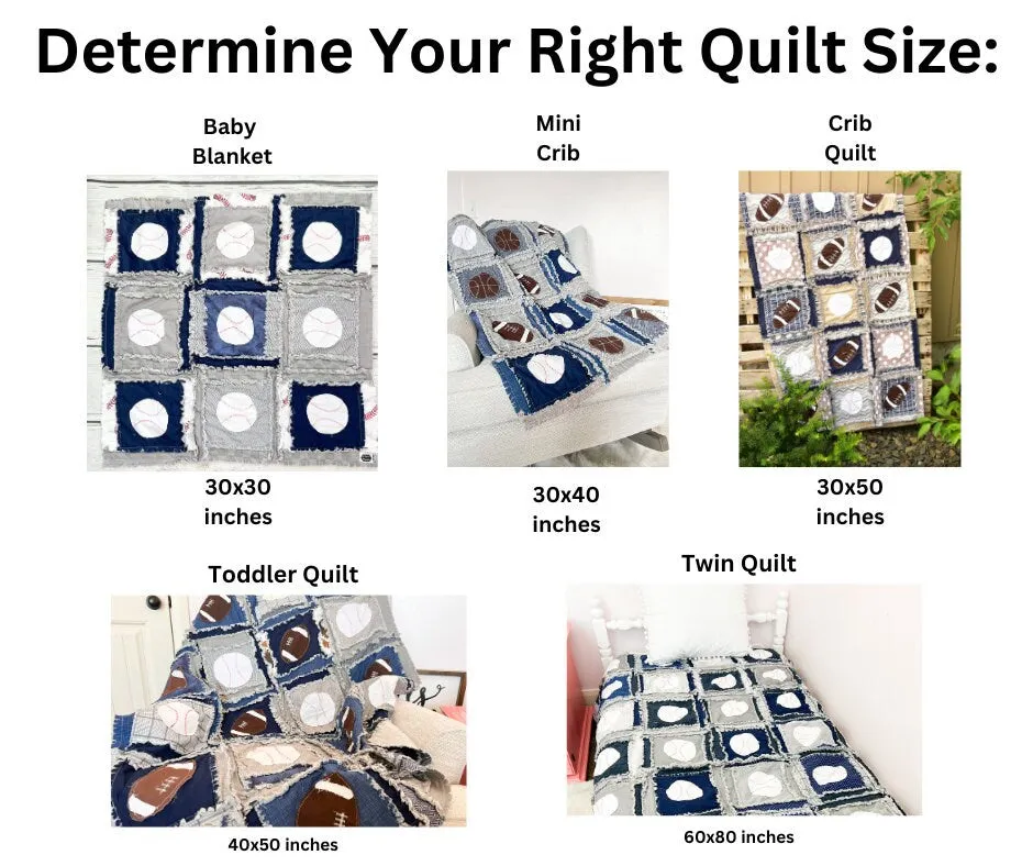 Baby Rag Quilt, Sports Blanket for Boy Crib Bedding Set - Sports Theme Rag Quilt with Baseball, Football, & Basketball for Boys