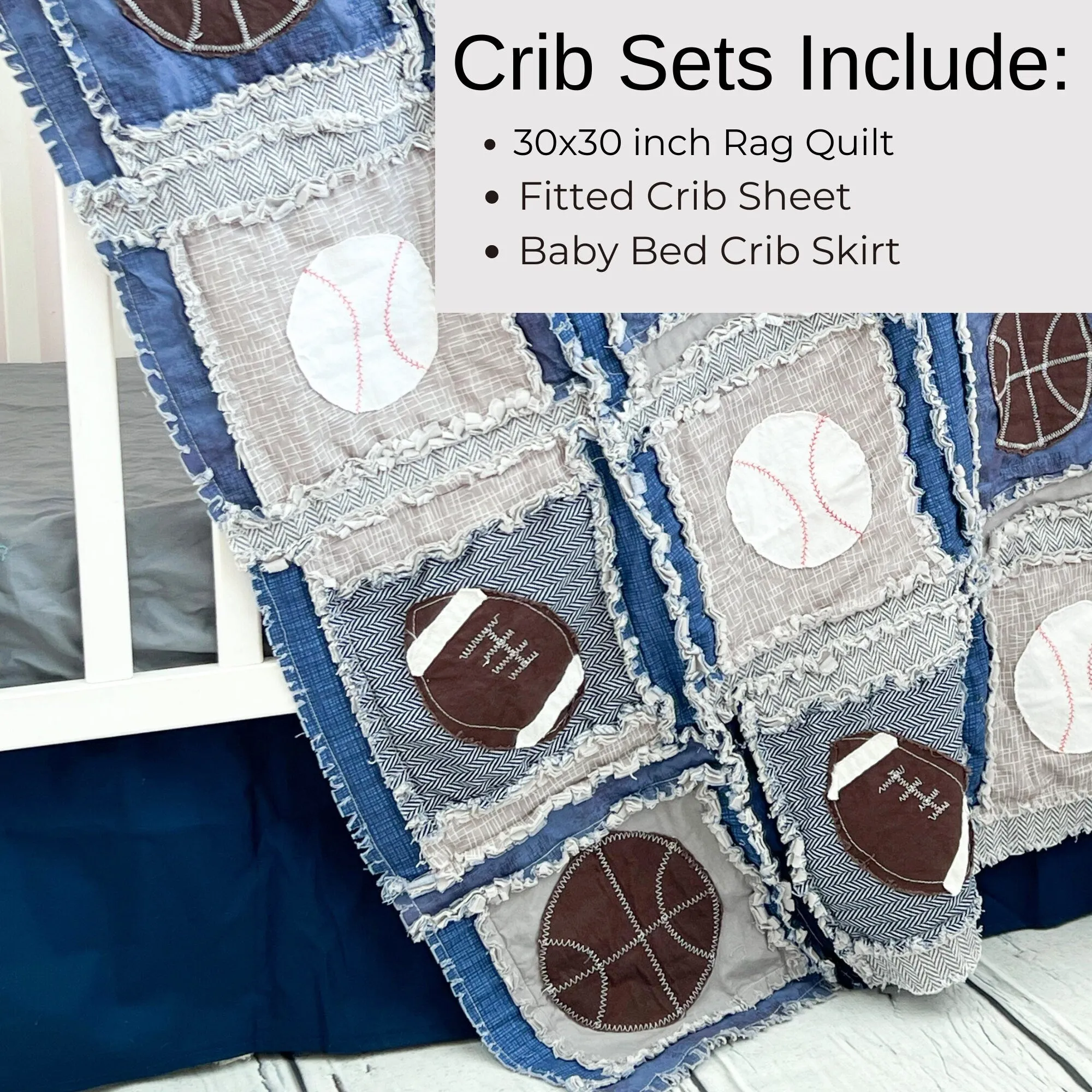 Baby Rag Quilt, Sports Blanket for Boy Crib Bedding Set - Sports Theme Rag Quilt with Baseball, Football, & Basketball for Boys