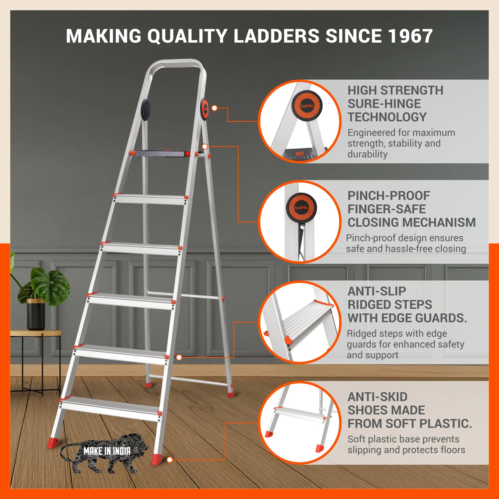 Bathla Advance Pro 6-Step Foldable Aluminium Ladder for Home | Heavy Duty & Anti-Slip Steps | 7 Year Manufacturer Warranty