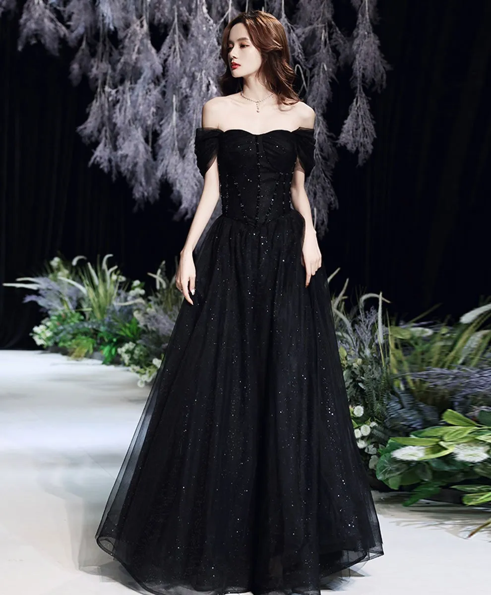 Black Off Shoulder Long Party Dress Prom Dress, Unique Black Evening Party Dresses