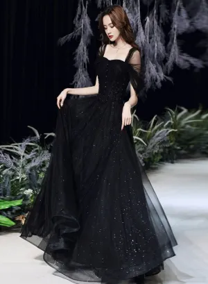 Black Off Shoulder Long Party Dress Prom Dress, Unique Black Evening Party Dresses