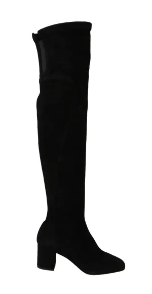 Black Suede Leather Over Knee Boots