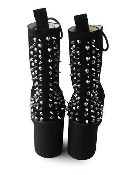 Black Velvet Lolita Boots Square Hees Rivet Design
