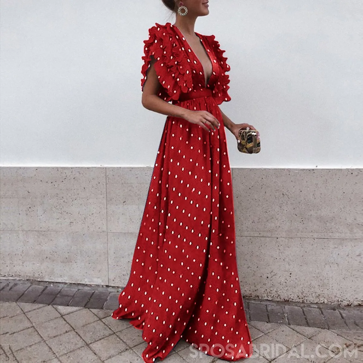 Boho Black Blue Red Sexy V Neck A-line  Unique Design Wave Point Evening Maxi Prom Dresses,PD1099