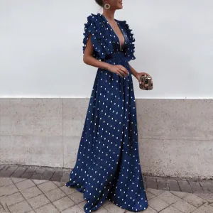 Boho Black Blue Red Sexy V Neck A-line  Unique Design Wave Point Evening Maxi Prom Dresses,PD1099