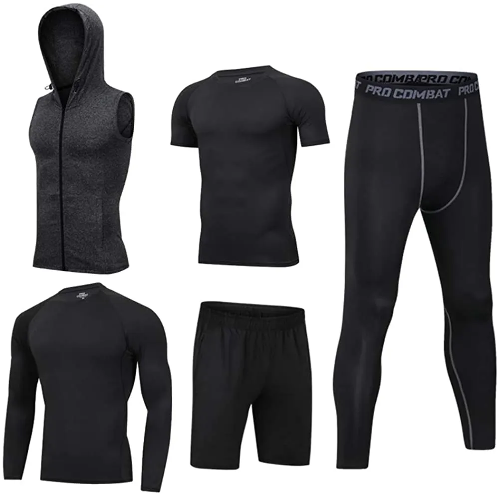 BUYJYA 5Pcs Men's Compression Pants Shirt Top Long Sleeve Jacket Set Suit.