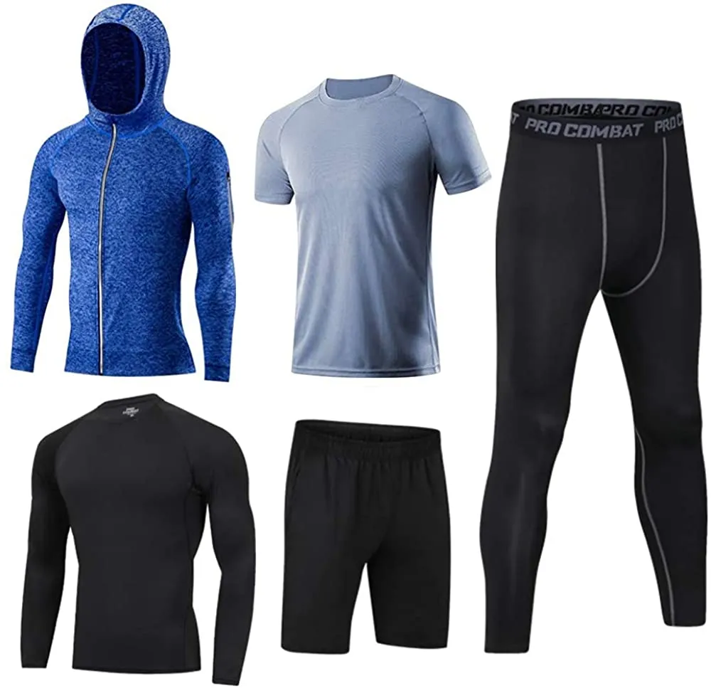 BUYJYA 5Pcs Men's Compression Pants Shirt Top Long Sleeve Jacket Set Suit.
