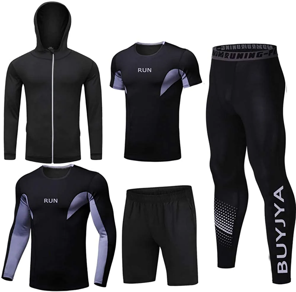BUYJYA 5Pcs Men's Compression Pants Shirt Top Long Sleeve Jacket Set Suit.