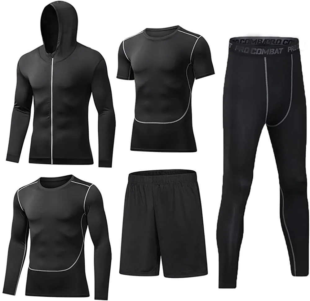 BUYJYA 5Pcs Men's Compression Pants Shirt Top Long Sleeve Jacket Set Suit.