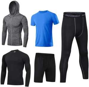 BUYJYA 5Pcs Men's Compression Pants Shirt Top Long Sleeve Jacket Set Suit.