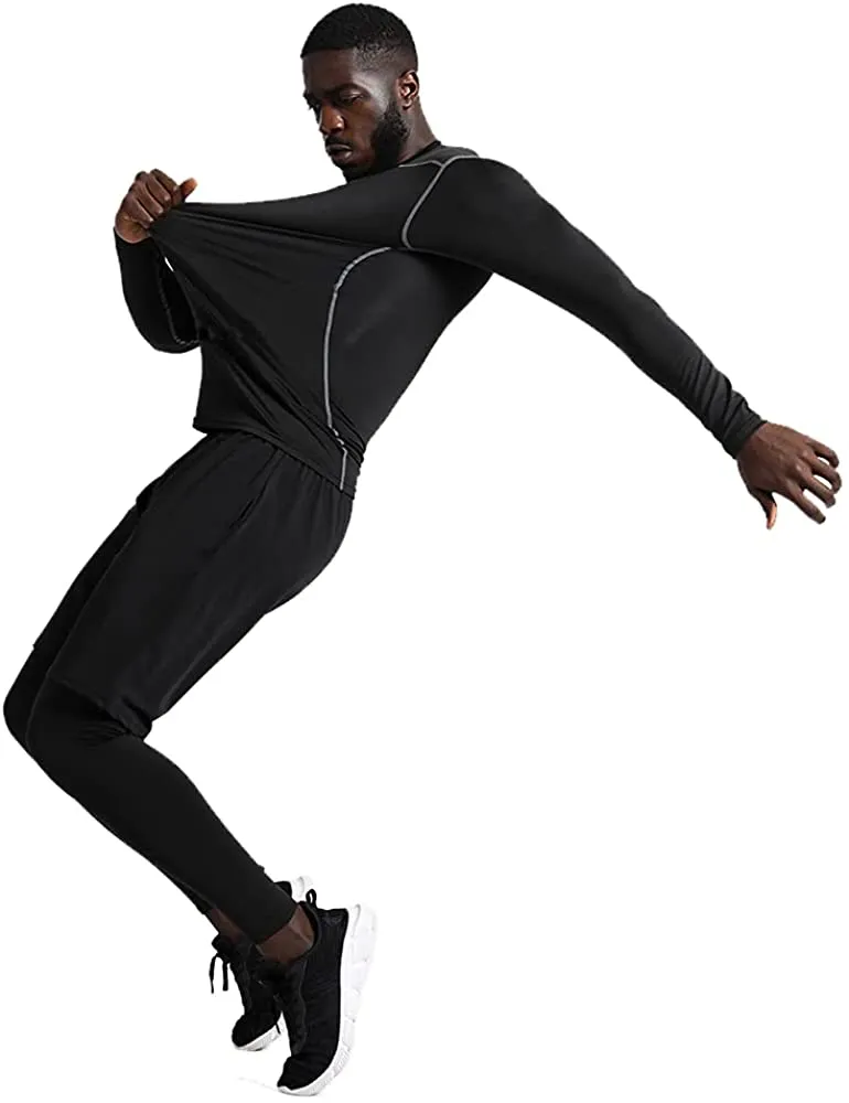 BUYJYA 5Pcs Men's Compression Pants Shirt Top Long Sleeve Jacket Set Suit.