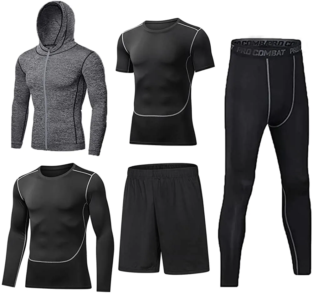 BUYJYA 5Pcs Men's Compression Pants Shirt Top Long Sleeve Jacket Set Suit.