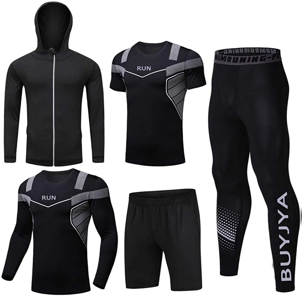 BUYJYA 5Pcs Men's Compression Pants Shirt Top Long Sleeve Jacket Set Suit.