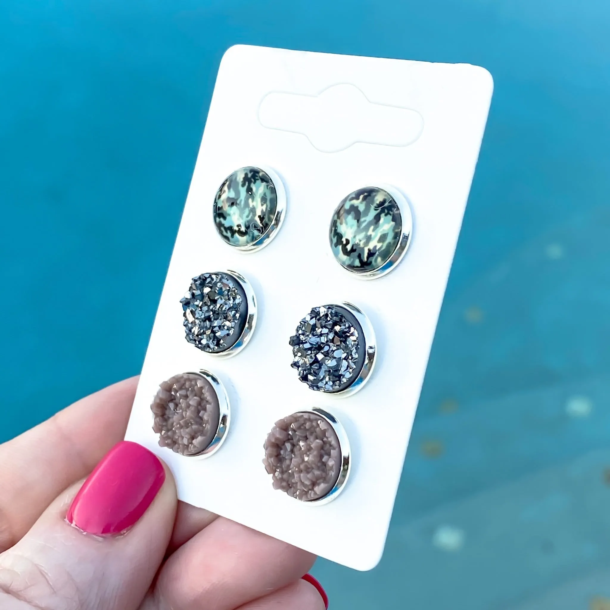 Camo, Gunmetal, and Beige Druzy Stud Earrings Set