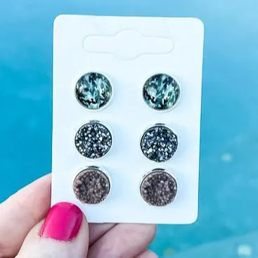 Camo, Gunmetal, and Beige Druzy Stud Earrings Set