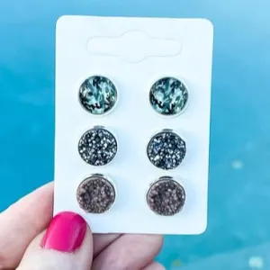 Camo, Gunmetal, and Beige Druzy Stud Earrings Set