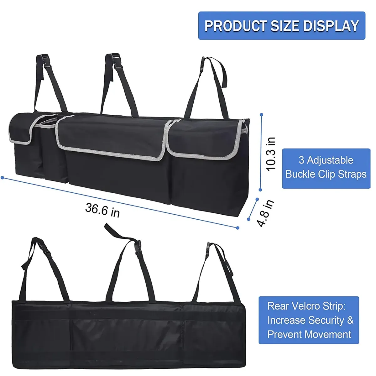 Car Trunk Hanging Organizer, Car Trunk Hanging Organizer, Thick Backseat Trunk Storage Bag with 4 Pockets and 3 Adjustable Shoulder Straps, Foldable Car Trunk Interior Accessories Releases Your Trunk Space