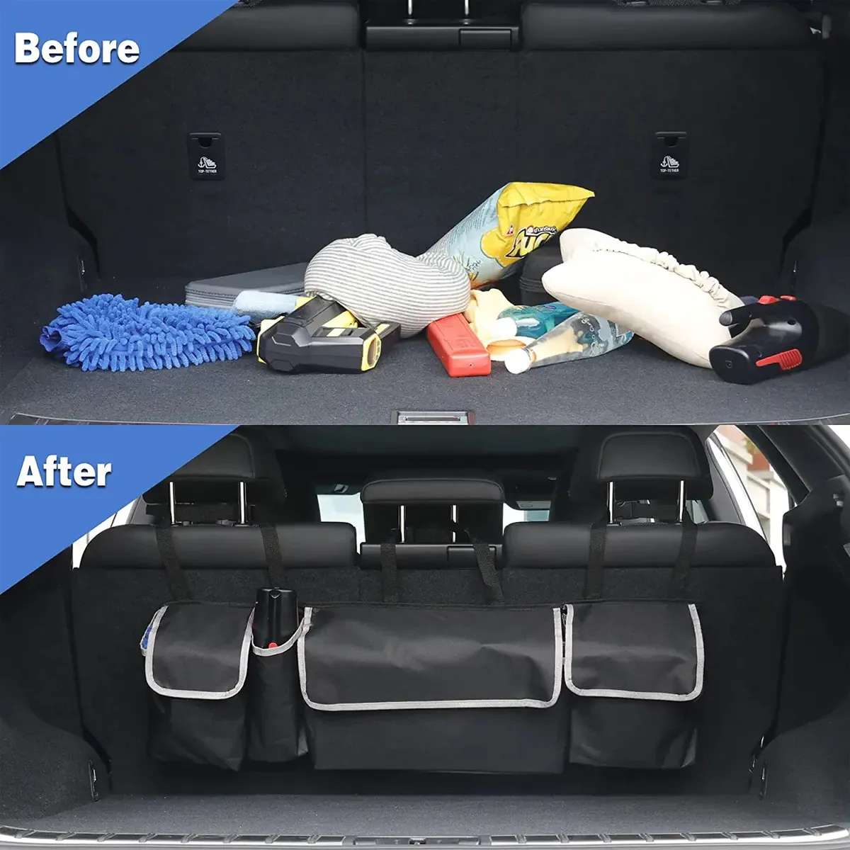 Car Trunk Hanging Organizer, Car Trunk Hanging Organizer, Thick Backseat Trunk Storage Bag with 4 Pockets and 3 Adjustable Shoulder Straps, Foldable Car Trunk Interior Accessories Releases Your Trunk Space