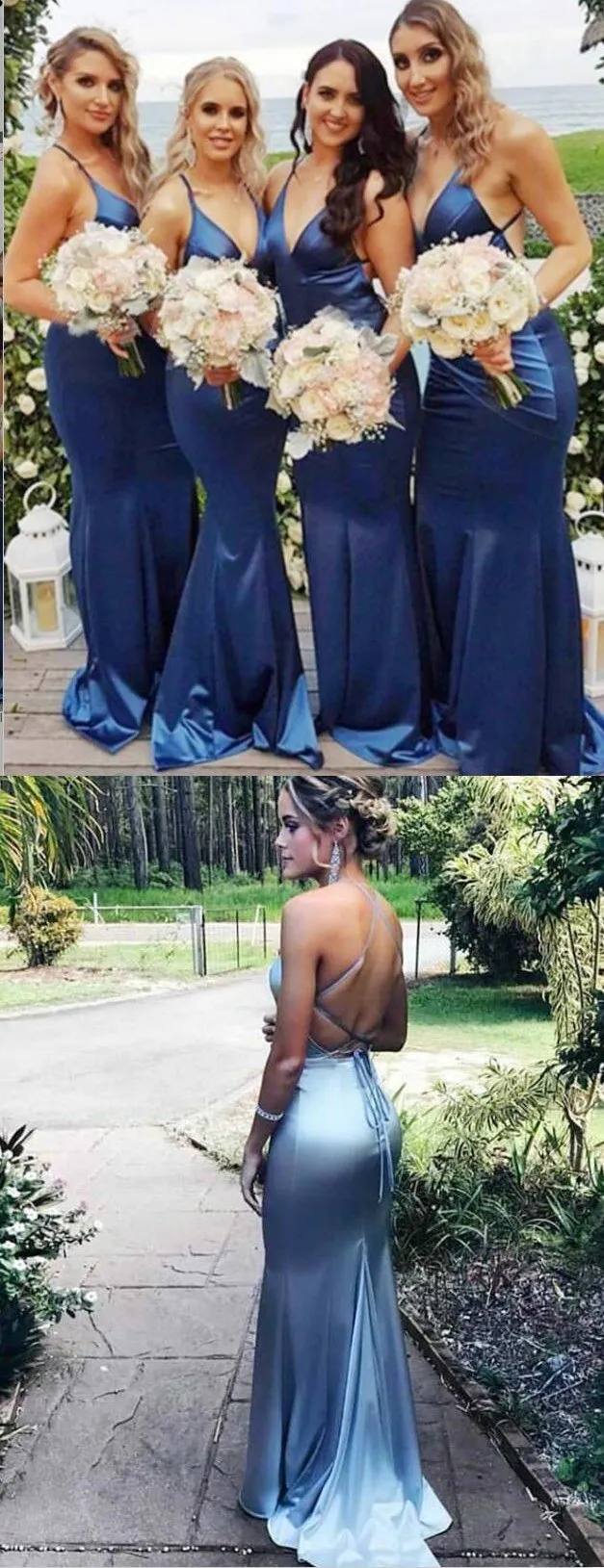 Cheap Modest  Unique Custom Soft Sexy Spaghetti Straps Long Dark Blue Bridesmaid Dresses , WG267