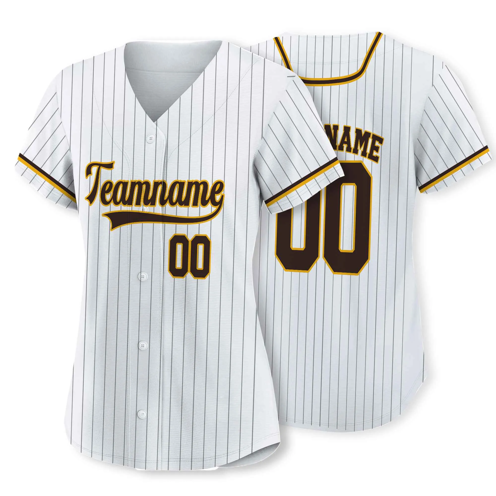 Custom White Brown Pinstripe Brown-Gold Baseball Jersey