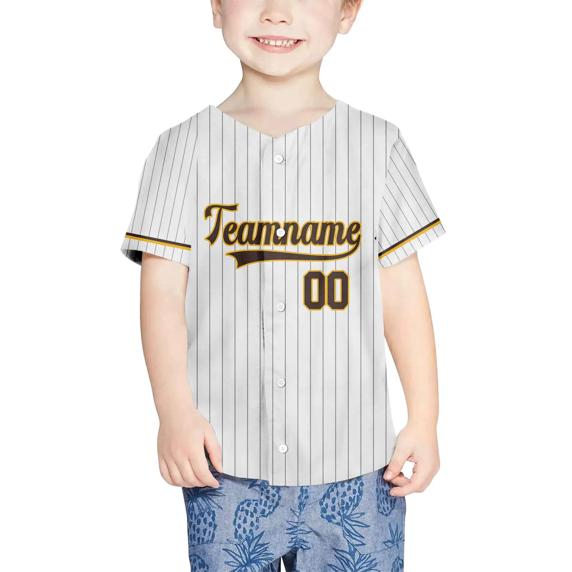 Custom White Brown Pinstripe Brown-Gold Baseball Jersey