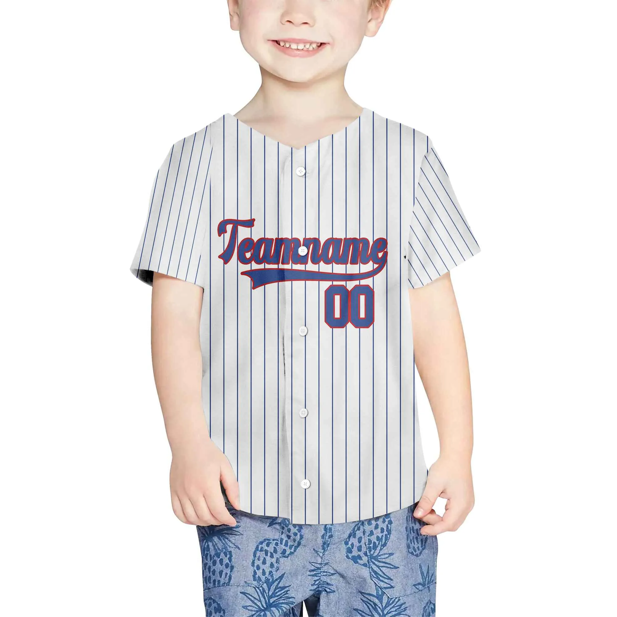 Custom White Navy Pinstripe Navy-Red Baseball Jersey