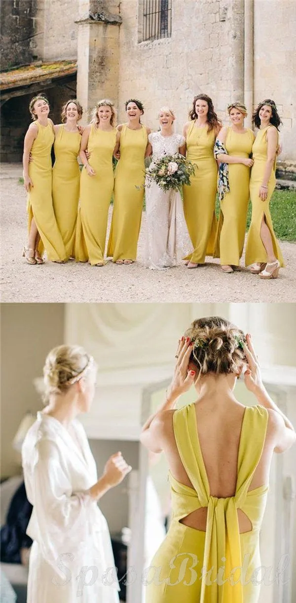 Custom Yellow Sheath Side Slit Elegant Unique Design Long Fall Bridesmaid Dresses WG570
