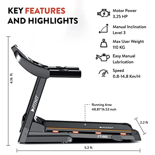 Fitkit FT100S (3.25HP Peak) Motorized Treadmill with Free Home Installation, 1 Year Warranty and Trainer Led Sessions by Cult.Sport