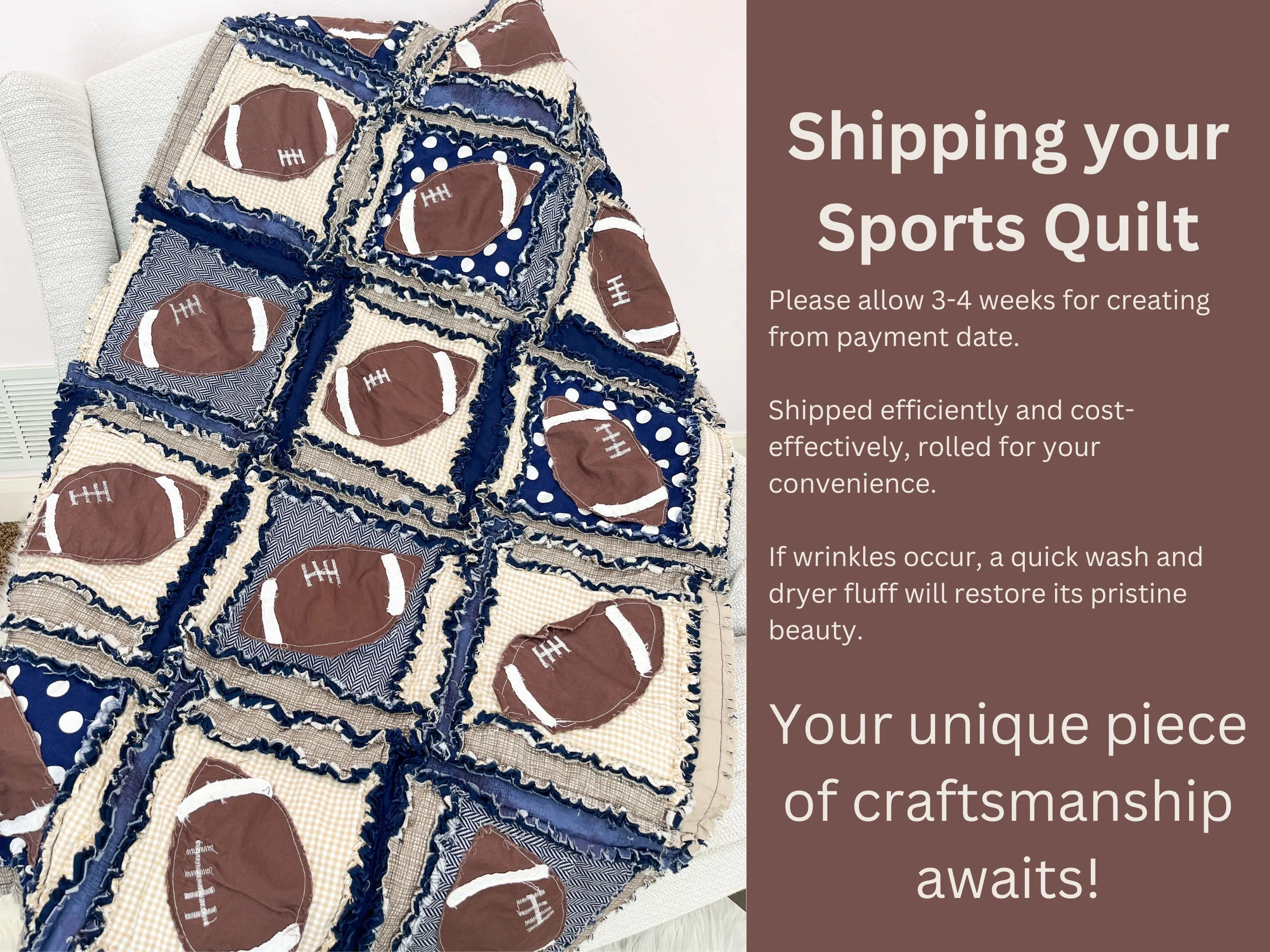 Football Baby Boy Rag Quilt Nursery Bedding, Sports Theme Rag Quilts, Tan and Navy Blue Bedding for Boys