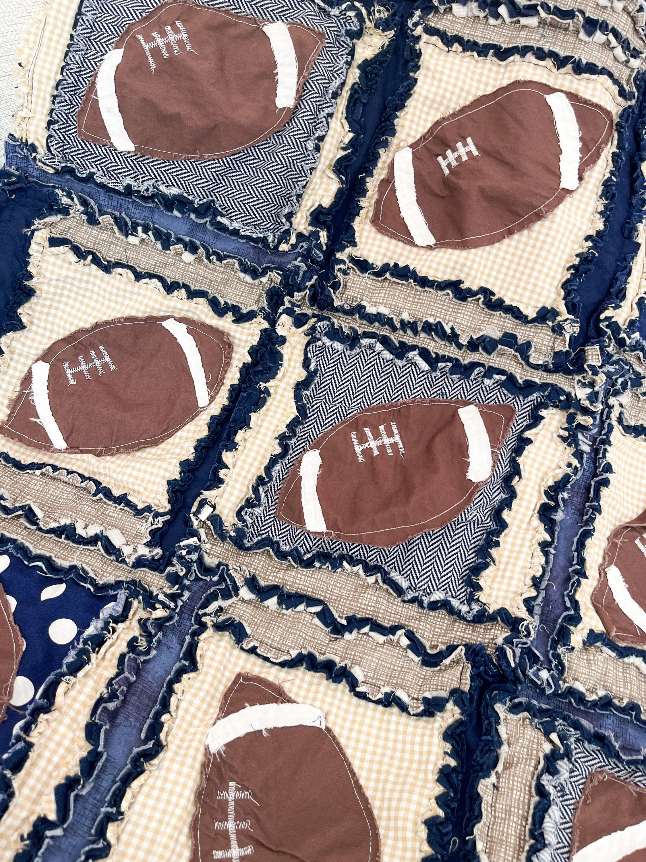 Football Baby Boy Rag Quilt Nursery Bedding, Sports Theme Rag Quilts, Tan and Navy Blue Bedding for Boys