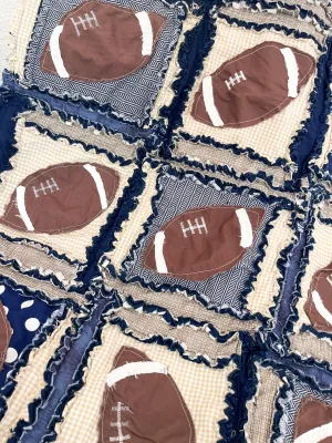Football Baby Boy Rag Quilt Nursery Bedding, Sports Theme Rag Quilts, Tan and Navy Blue Bedding for Boys