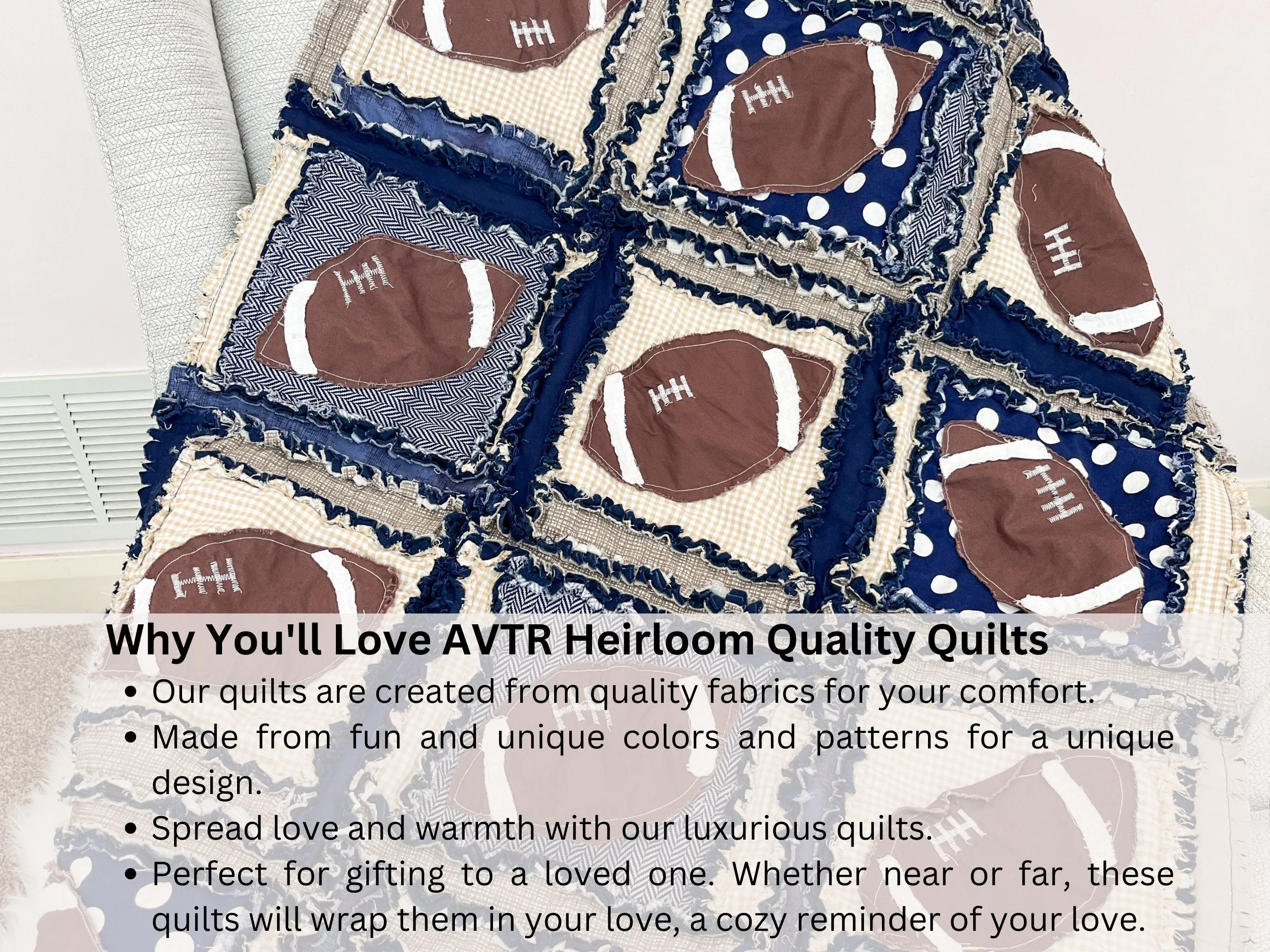 Football Baby Boy Rag Quilt Nursery Bedding, Sports Theme Rag Quilts, Tan and Navy Blue Bedding for Boys