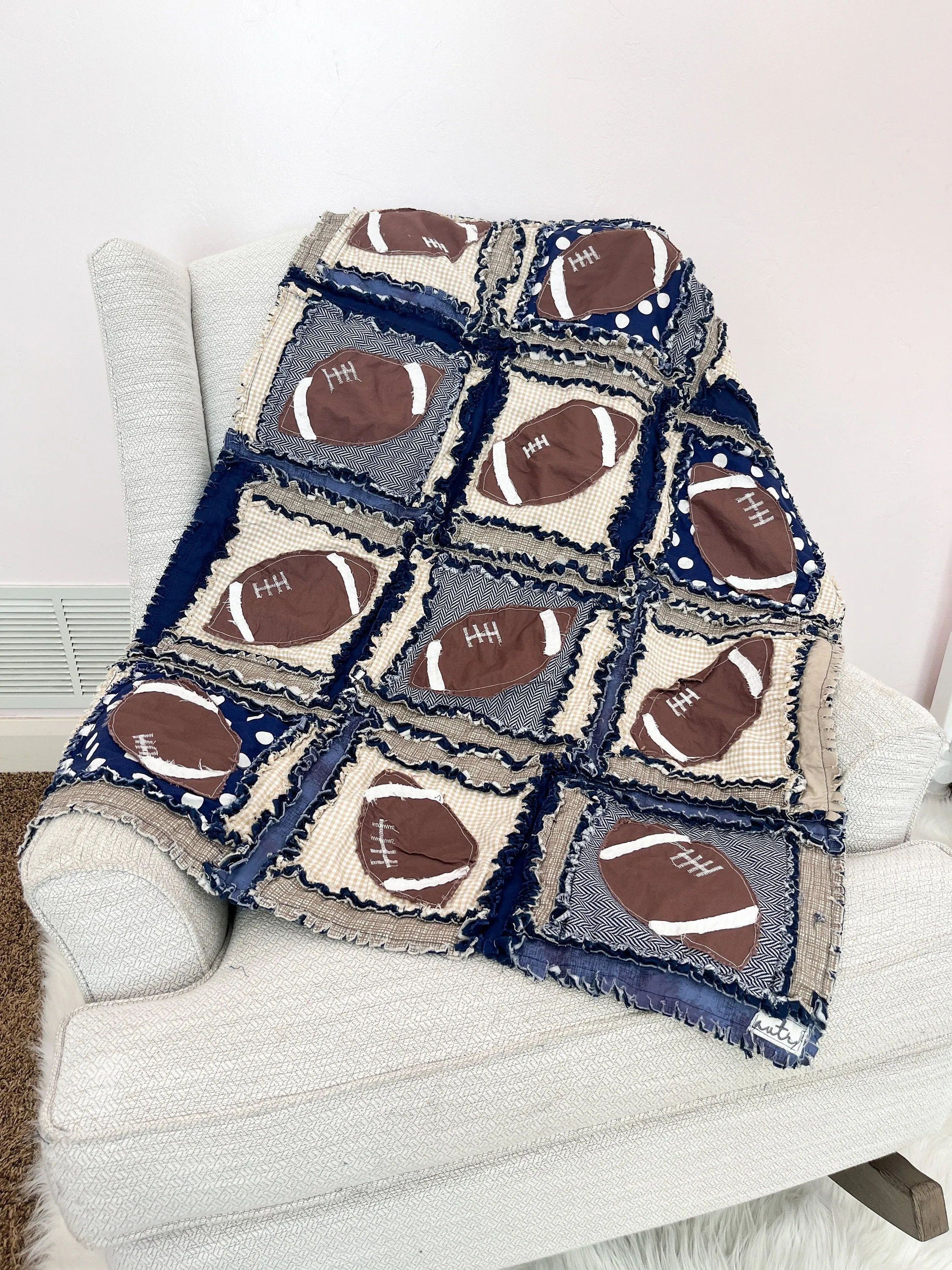 Football Baby Boy Rag Quilt Nursery Bedding, Sports Theme Rag Quilts, Tan and Navy Blue Bedding for Boys