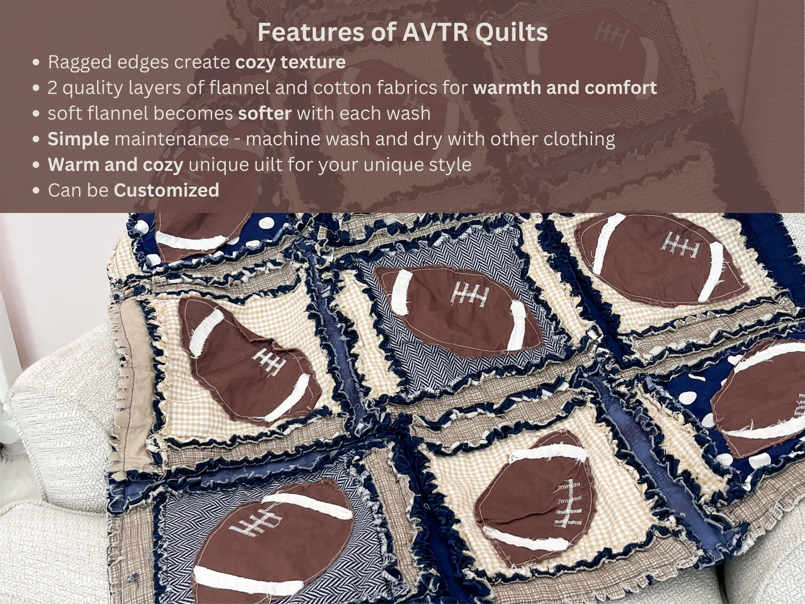 Football Baby Boy Rag Quilt Nursery Bedding, Sports Theme Rag Quilts, Tan and Navy Blue Bedding for Boys