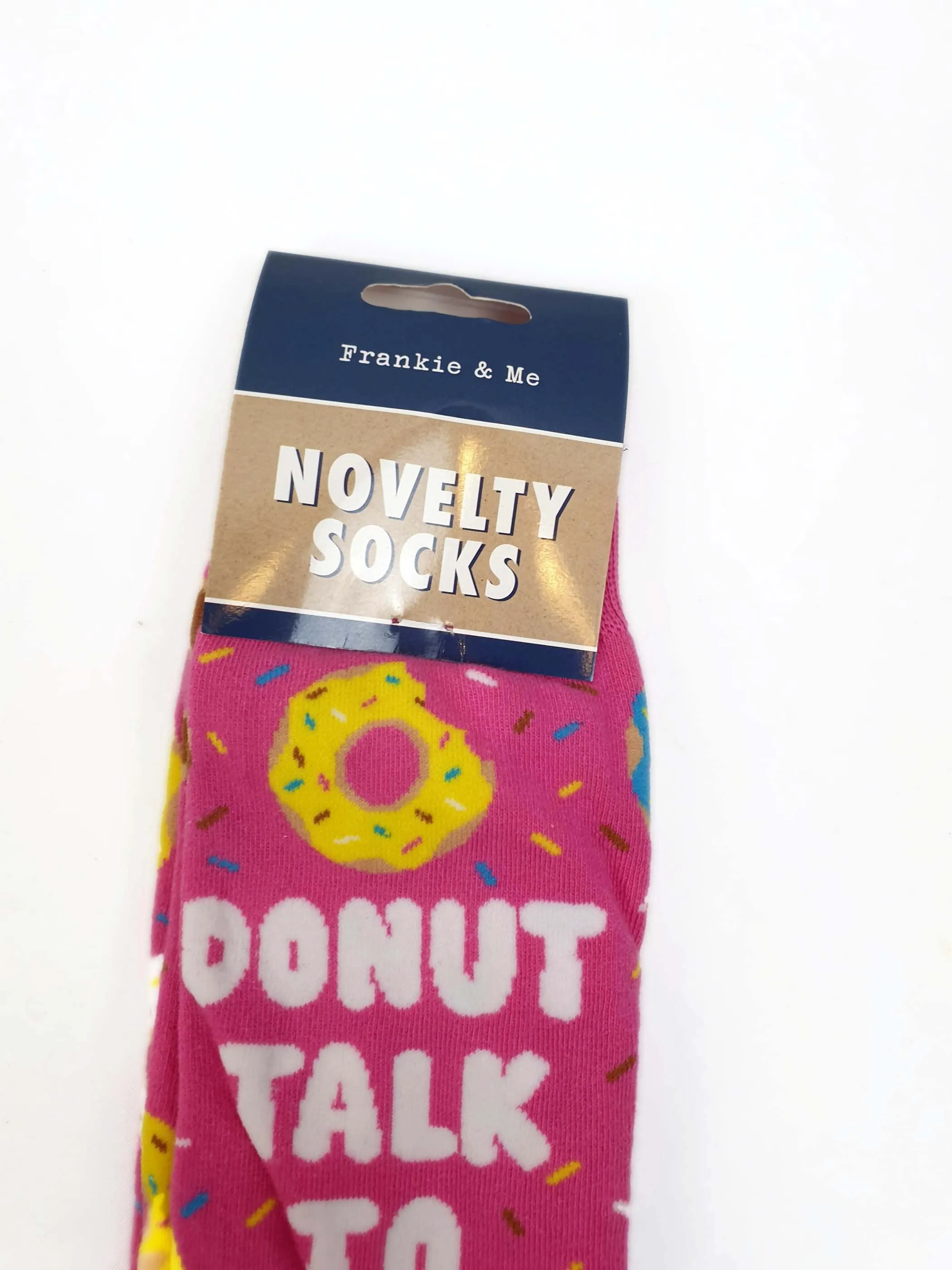 Frankie & Me novelty socks with funny "donut talk to me" print