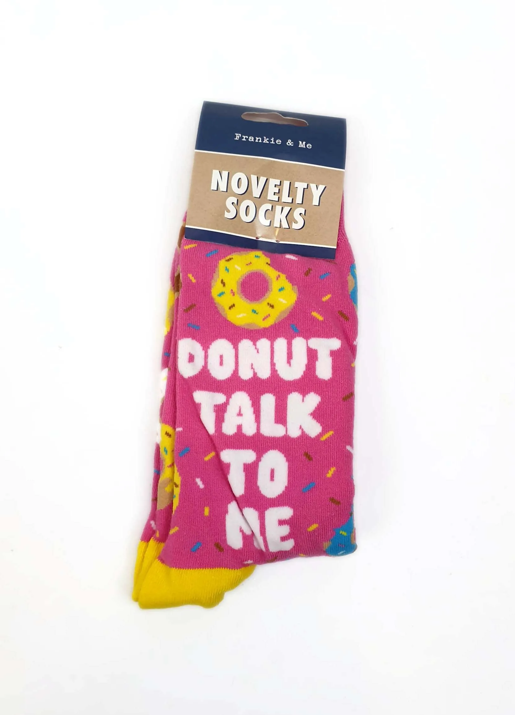 Frankie & Me novelty socks with funny "donut talk to me" print