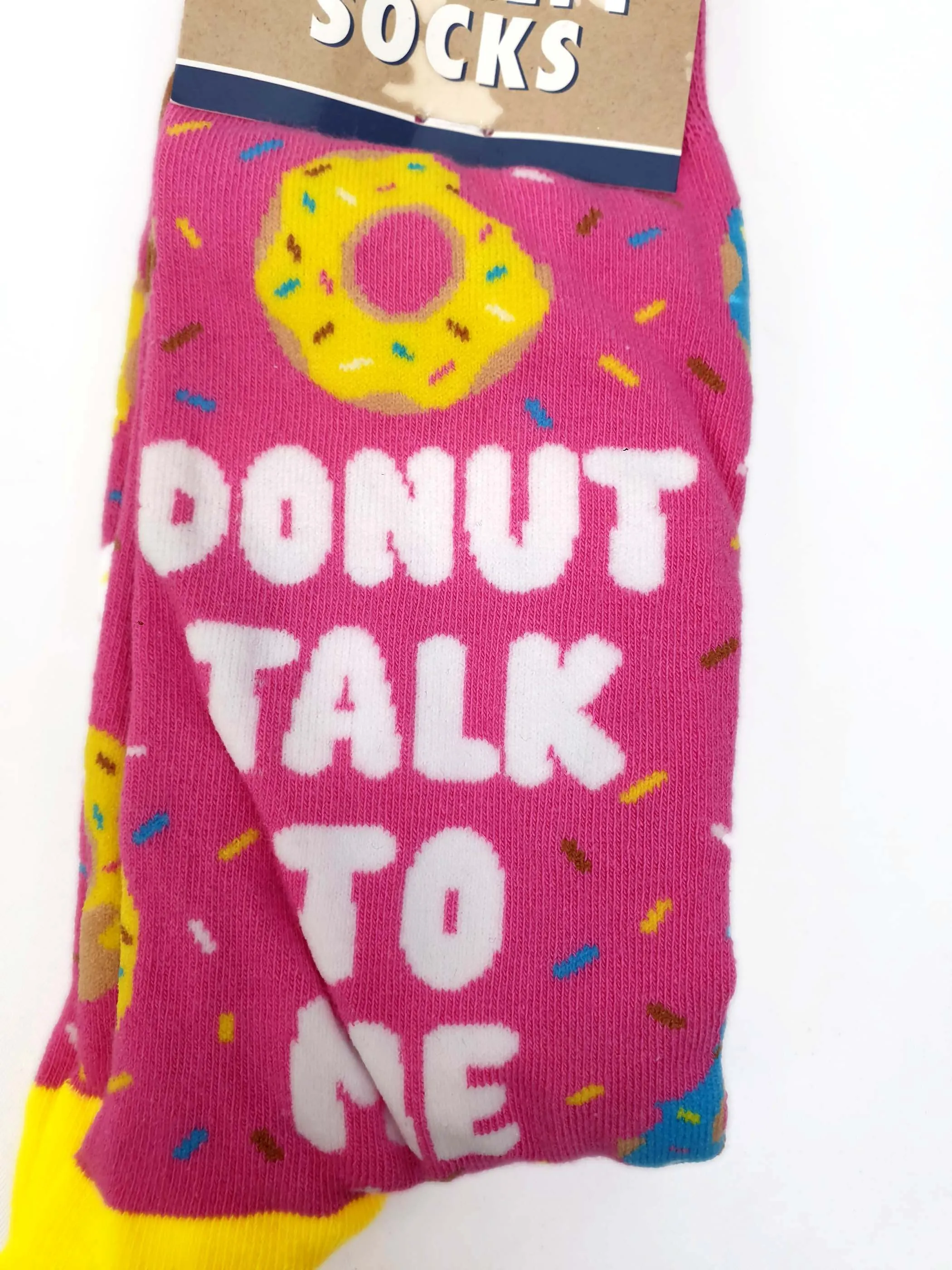 Frankie & Me novelty socks with funny "donut talk to me" print
