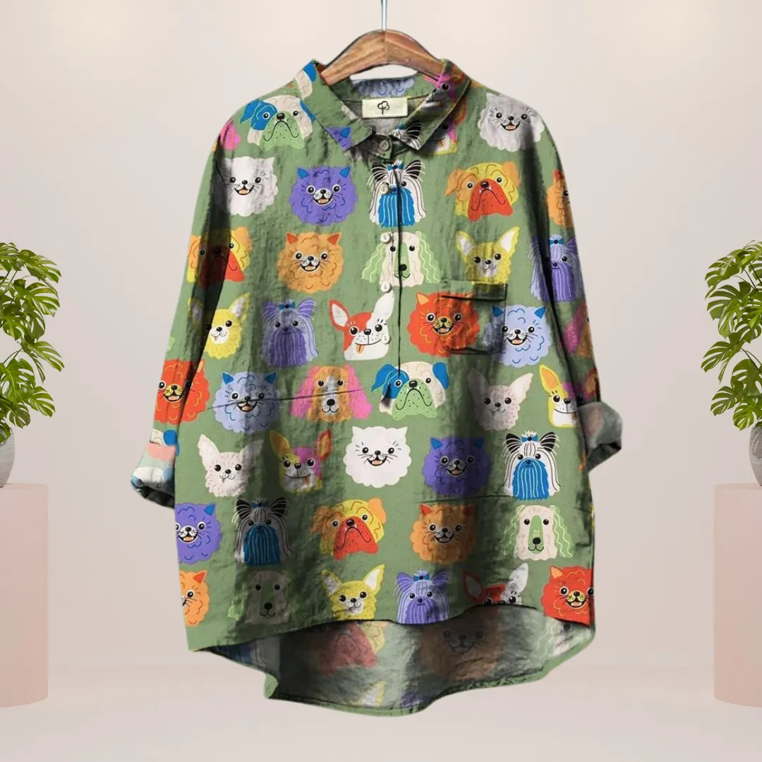 Freya™ | Fun Dog Motif Shirt with Button Closure