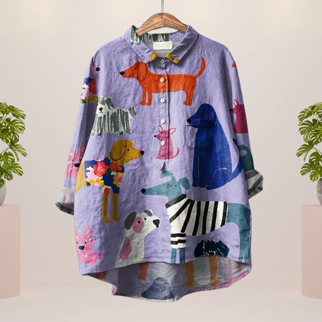 Freya™ | Fun Dog Motif Shirt with Button Closure