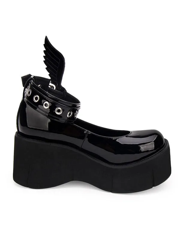 Gothic Lolita Pumps Black Wings PU Leather Flatform Lolita Shoes