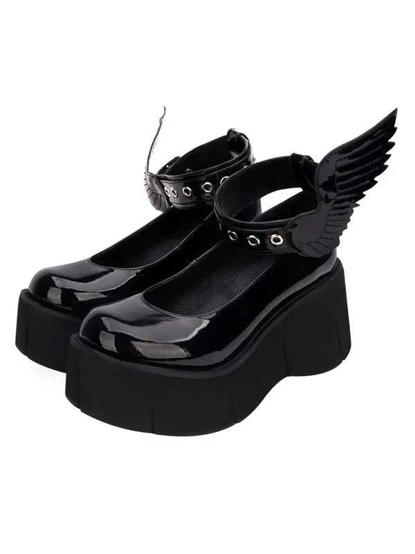 Gothic Lolita Pumps Black Wings PU Leather Flatform Lolita Shoes