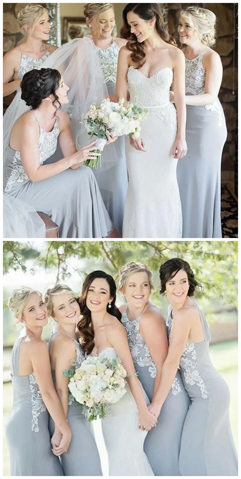 Halter Unique Lace Mermaid Cheap Long Grey Bridesmaid Dresses Online, WG217