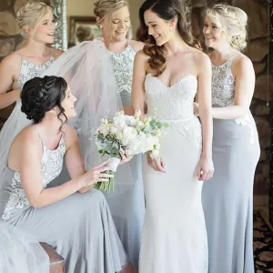 Halter Unique Lace Mermaid Cheap Long Grey Bridesmaid Dresses Online, WGY0254