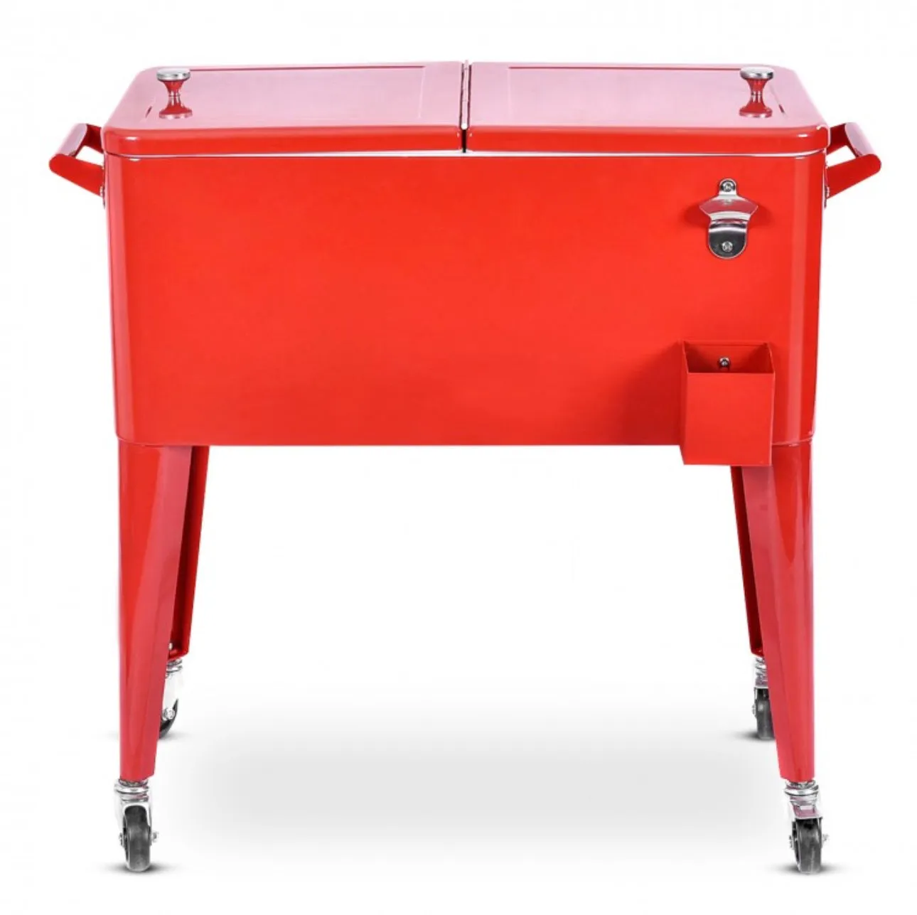 Heavy Duty Cool Red Portable Patio Cooler Cart With Side Bottle Opener, Cap Catcher| 80QT | BBQ | Camping | Gatherings | Drain Plug | Wheels