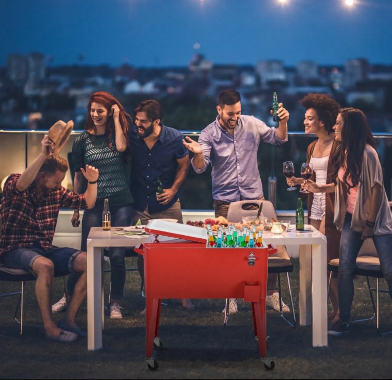 Heavy Duty Cool Red Portable Patio Cooler Cart With Side Bottle Opener, Cap Catcher| 80QT | BBQ | Camping | Gatherings | Drain Plug | Wheels