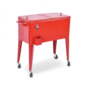 Heavy Duty Cool Red Portable Patio Cooler Cart With Side Bottle Opener, Cap Catcher| 80QT | BBQ | Camping | Gatherings | Drain Plug | Wheels