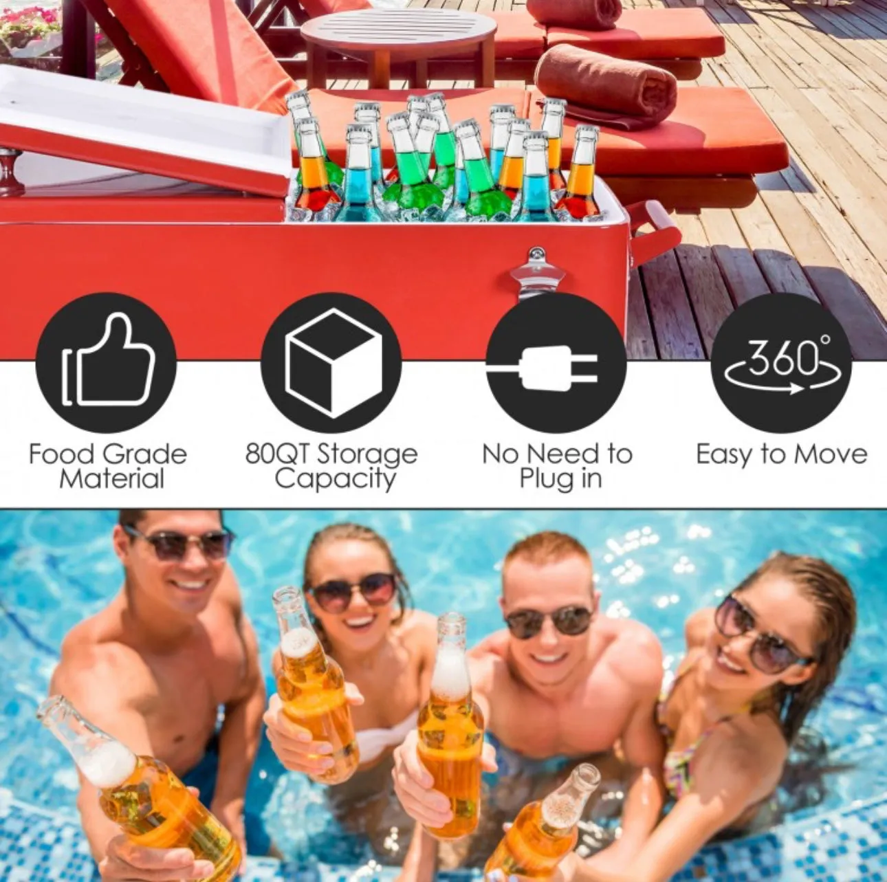 Heavy Duty Cool Red Portable Patio Cooler Cart With Side Bottle Opener, Cap Catcher| 80QT | BBQ | Camping | Gatherings | Drain Plug | Wheels